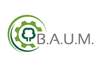 Logo mit Zahnrad und Baum; Text: B.A.U.M.