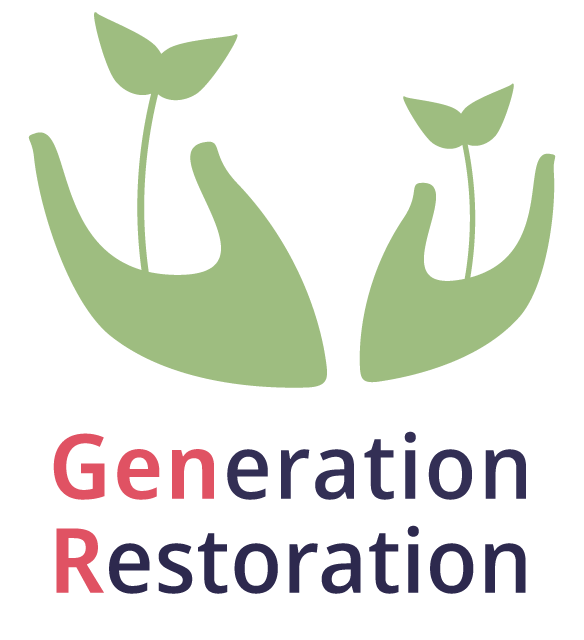 Logo Generation Restoration - GenR; two green hands with seedlings