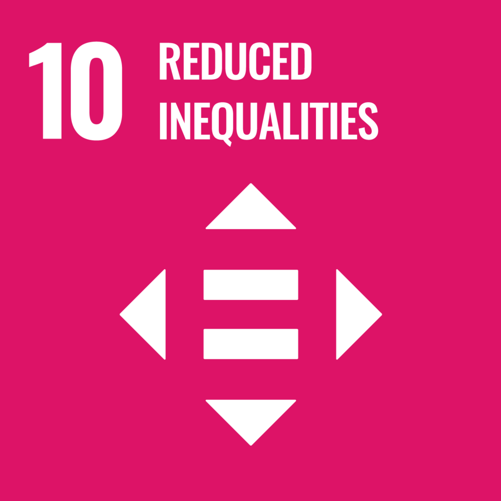 Logo SDG 10 reduced inequalities: Equality sign with arrows in all directions; Sustainable Development Goals (SDGs)