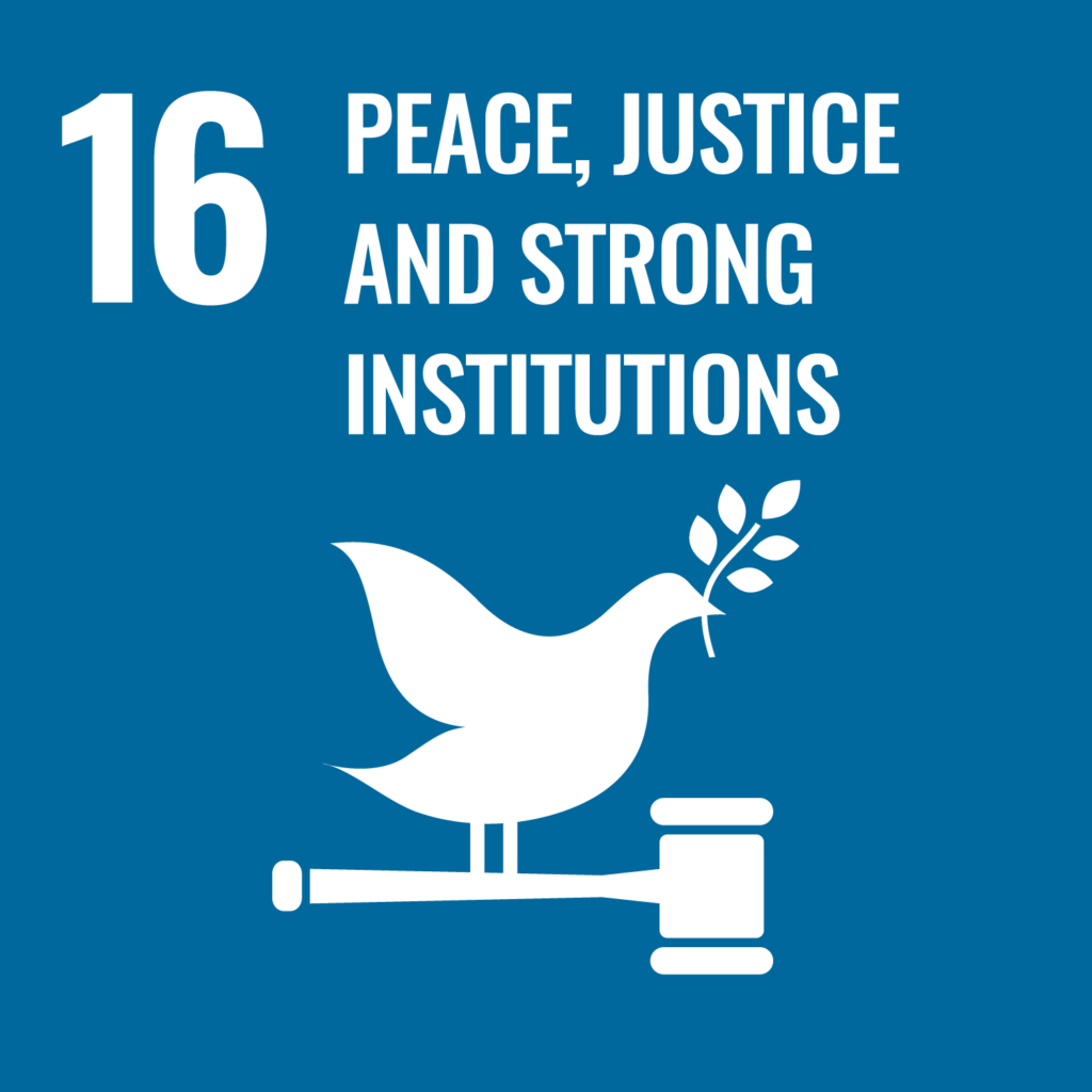 Logo SDG 16 Peace, justice and strong institutions: Peace dove with olive branch and judge's gavel; Sustainable Development Goals (SDGs)