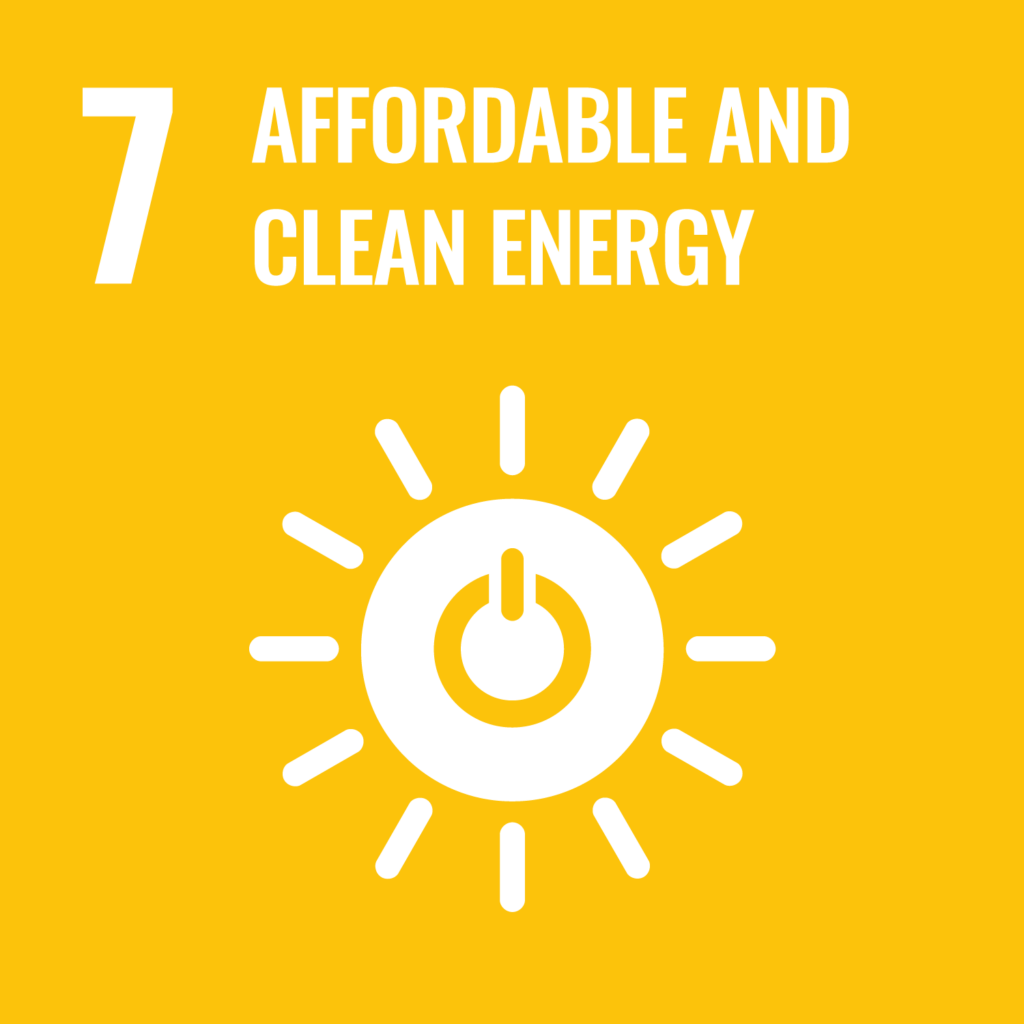 Logo SDG 7 affordable and clean energy: sun symbol with power symbol in the middle; Sustainable Development Goals (SDGs)