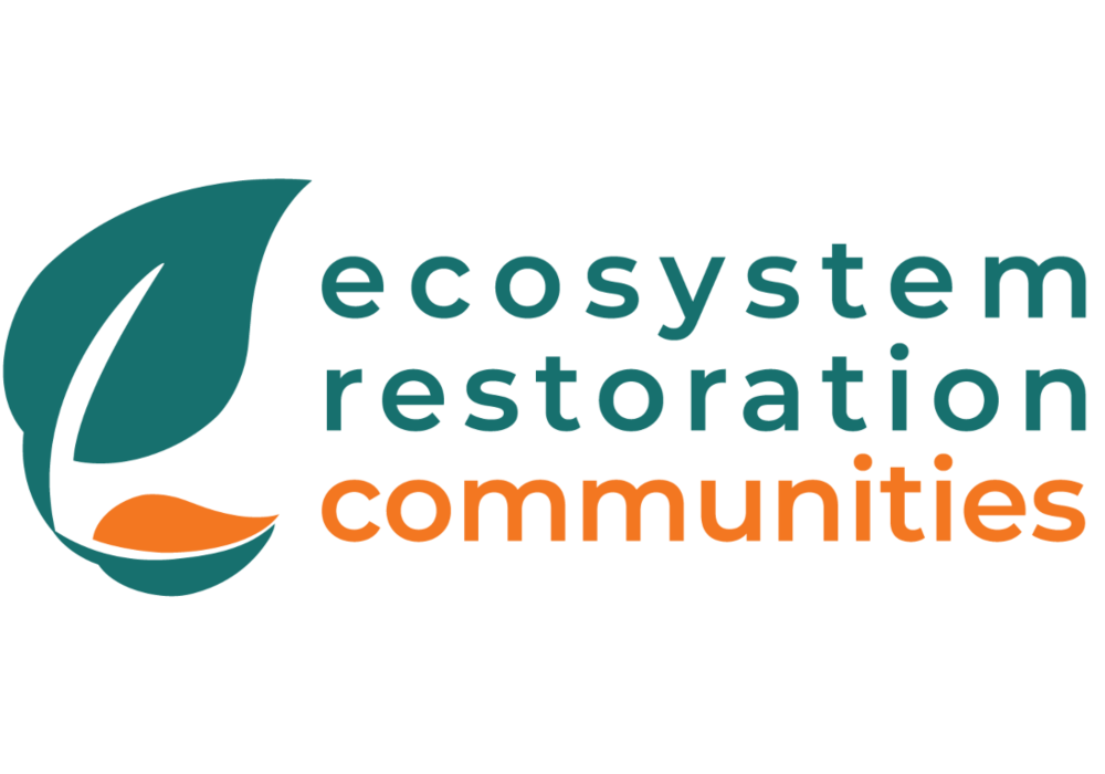 Logo "ecosystem resotration communities" in colours dark green and orange